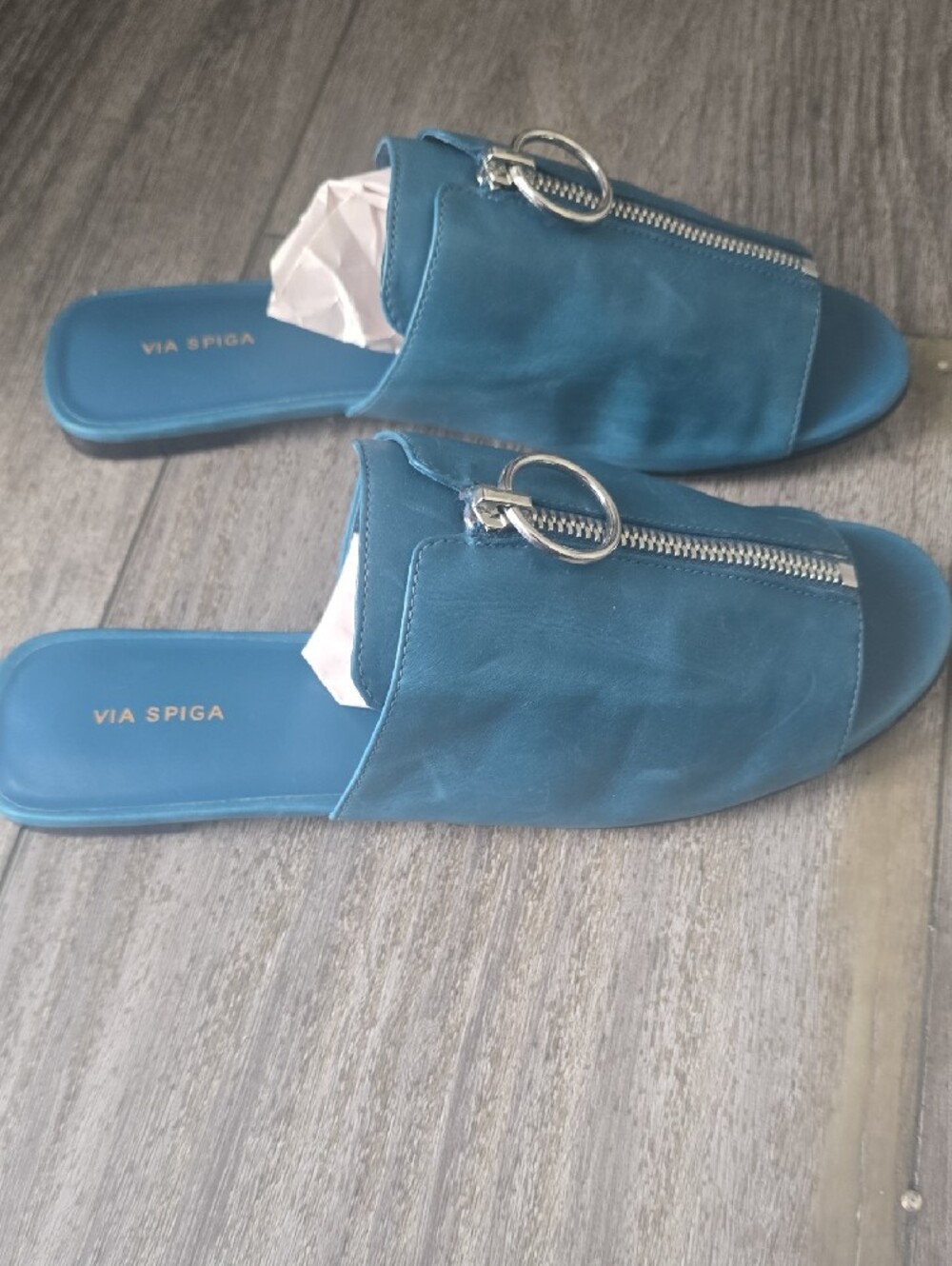 Like NewVia Spiga Blue Leather Slide Sandals with Silver Ring Zipper - Picture 2 of 11